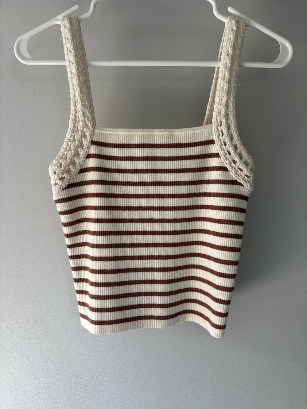 Aerie Crochet-Trim Striped Tank Top in Cream and Brown
